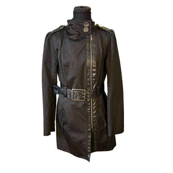 Worthington Black Mock Neck Edgy Belted Asymmetrical Zip Trench Size M - Picture 1 of 7